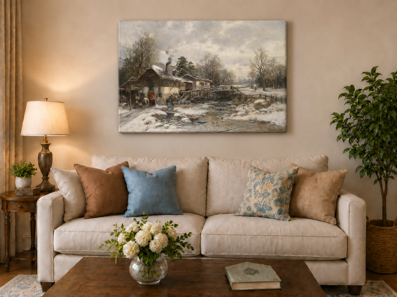 Ölgemälde Landschaft - Wintermühle, verschneite Hütte, Wasserrad &