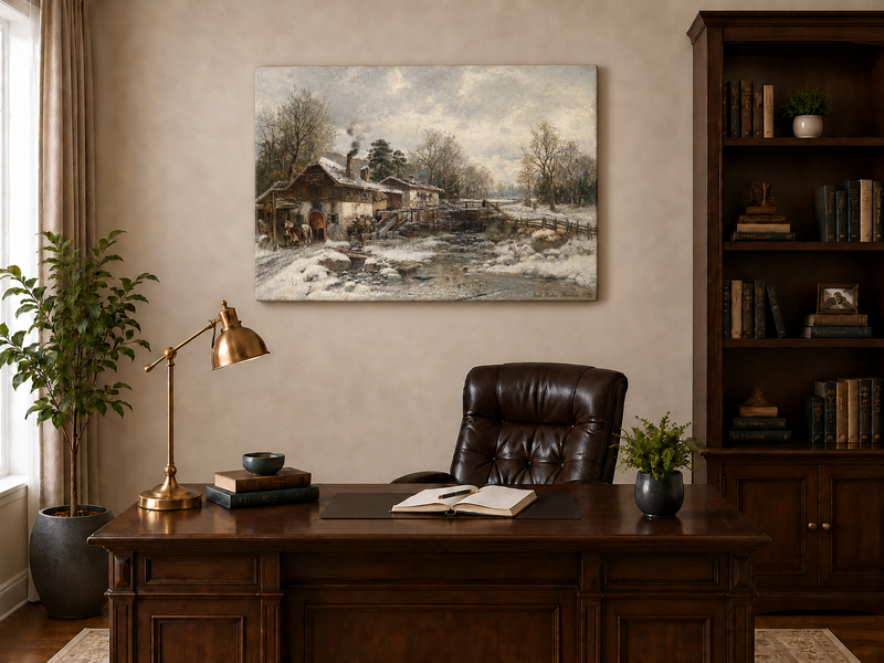 Ölgemälde Landschaft - Wintermühle, verschneite Hütte, Wasserrad &