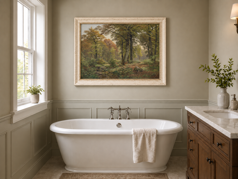 Landscape Oil Painting - Autumn Forest, Deer, Stream & Towering