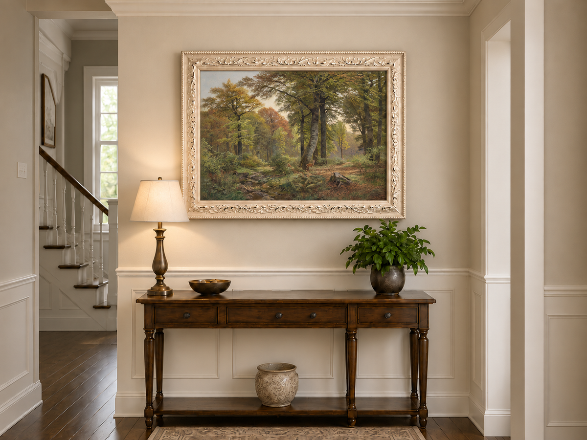 Landscape Oil Painting - Autumn Forest, Deer, Stream & Towering