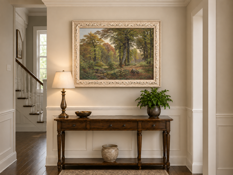 Landscape Oil Painting - Autumn Forest, Deer, Stream & Towering