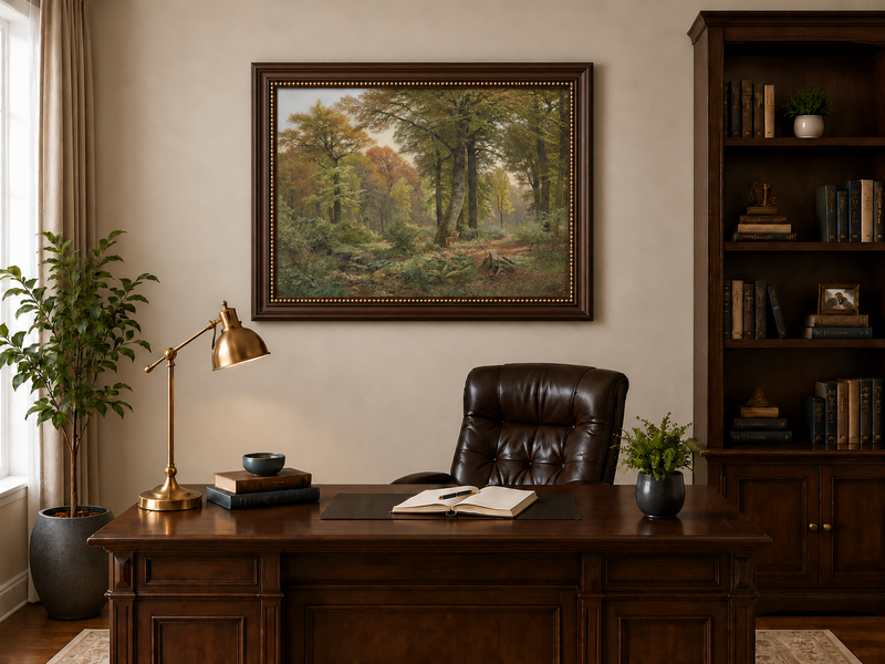 Landscape Oil Painting - Autumn Forest, Deer, Stream & Towering