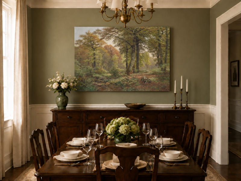 Landscape Oil Painting - Autumn Forest, Deer, Stream & Towering