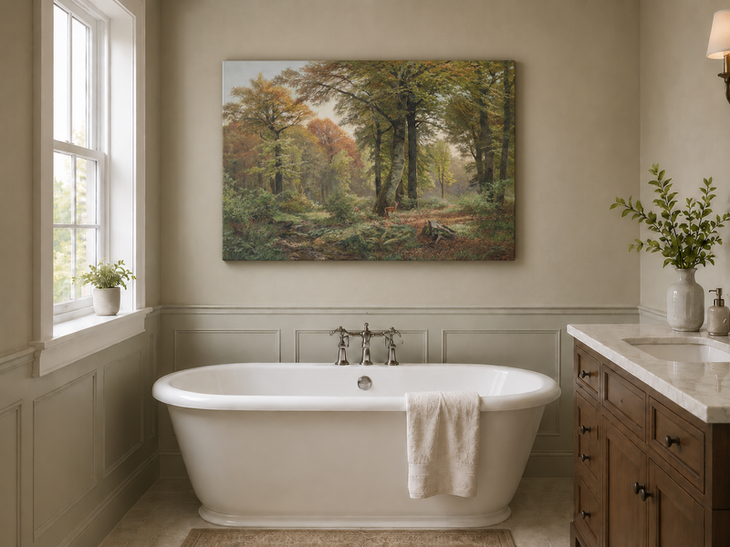 Landscape Oil Painting - Autumn Forest, Deer, Stream & Towering