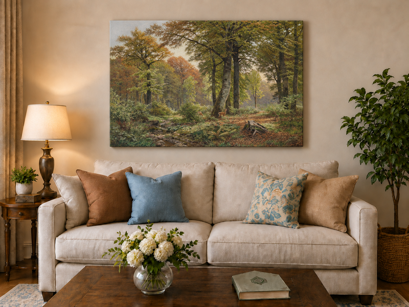 Landscape Oil Painting - Autumn Forest, Deer, Stream & Towering