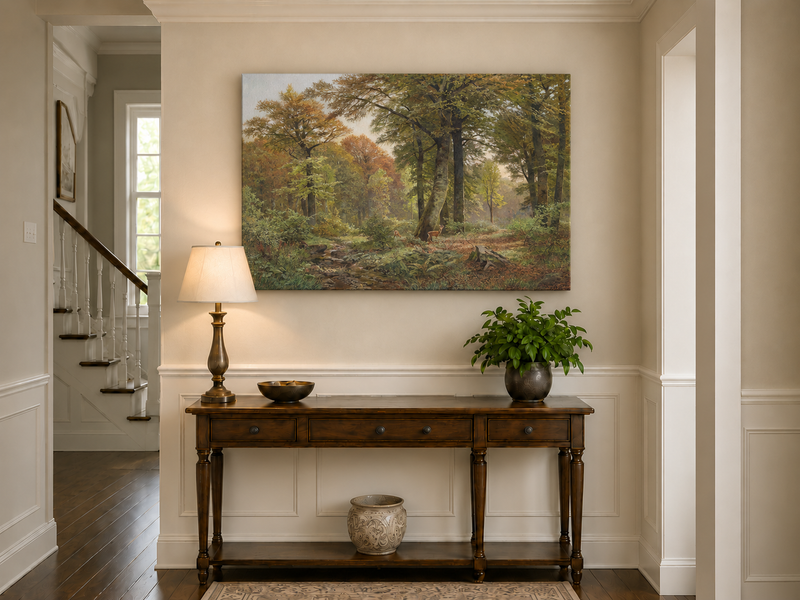 Landscape Oil Painting - Autumn Forest, Deer, Stream & Towering