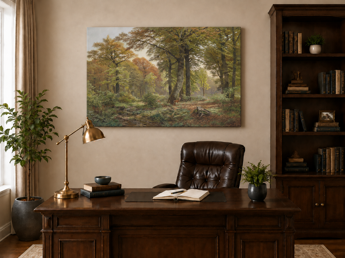 Landscape Oil Painting - Autumn Forest, Deer, Stream & Towering