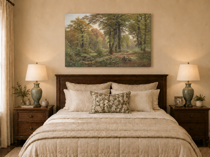 Landscape Oil Painting - Autumn Forest, Deer, Stream & Towering