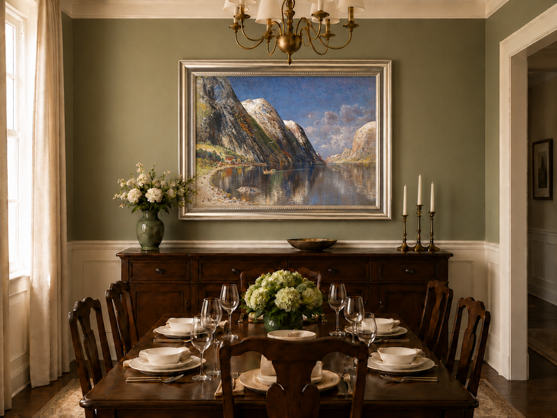 Peinture à l'huile de paysage - Fjord norvégien, sommets enneigés et