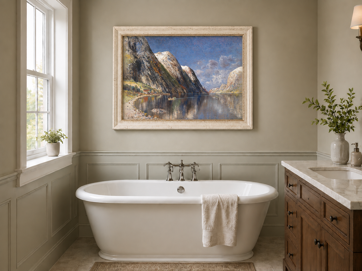 Peinture à l'huile de paysage - Fjord norvégien, sommets enneigés et