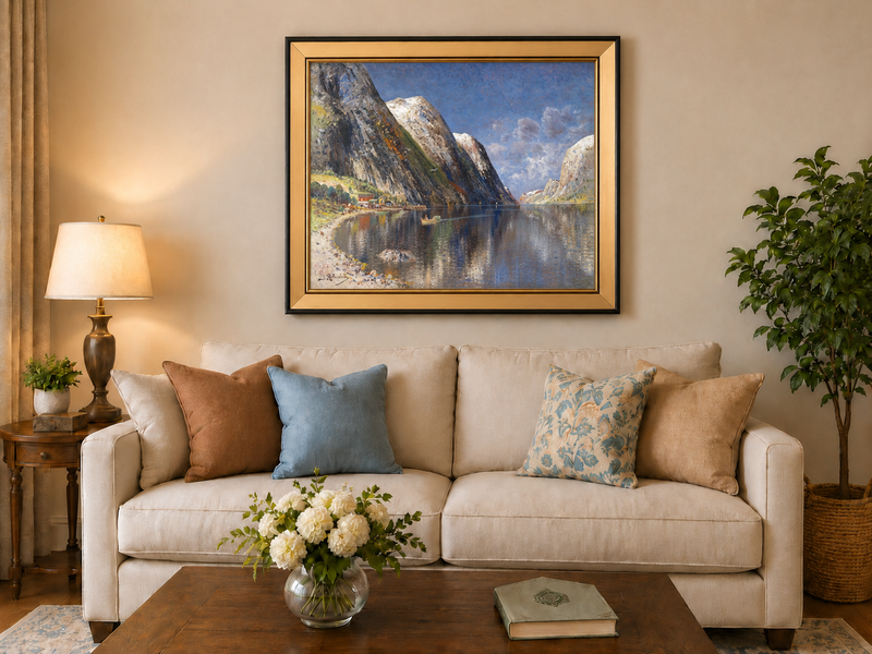 Peinture à l'huile de paysage - Fjord norvégien, sommets enneigés et