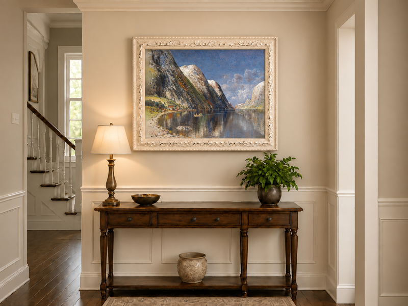 Peinture à l'huile de paysage - Fjord norvégien, sommets enneigés et