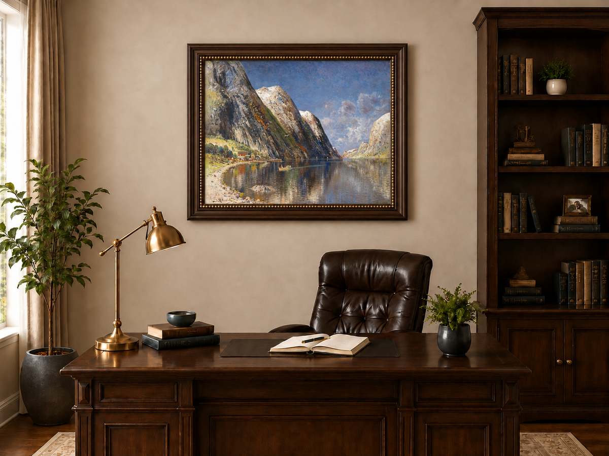 Peinture à l'huile de paysage - Fjord norvégien, sommets enneigés et