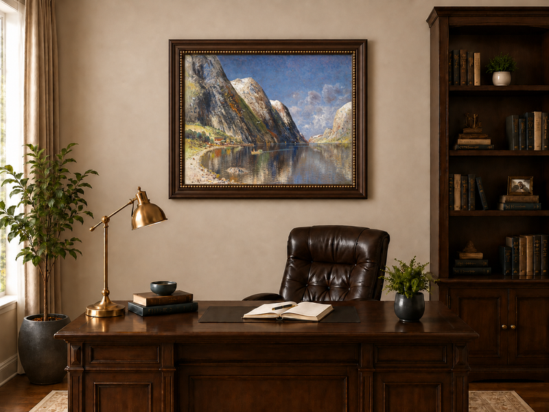 Peinture à l'huile de paysage - Fjord norvégien, sommets enneigés et