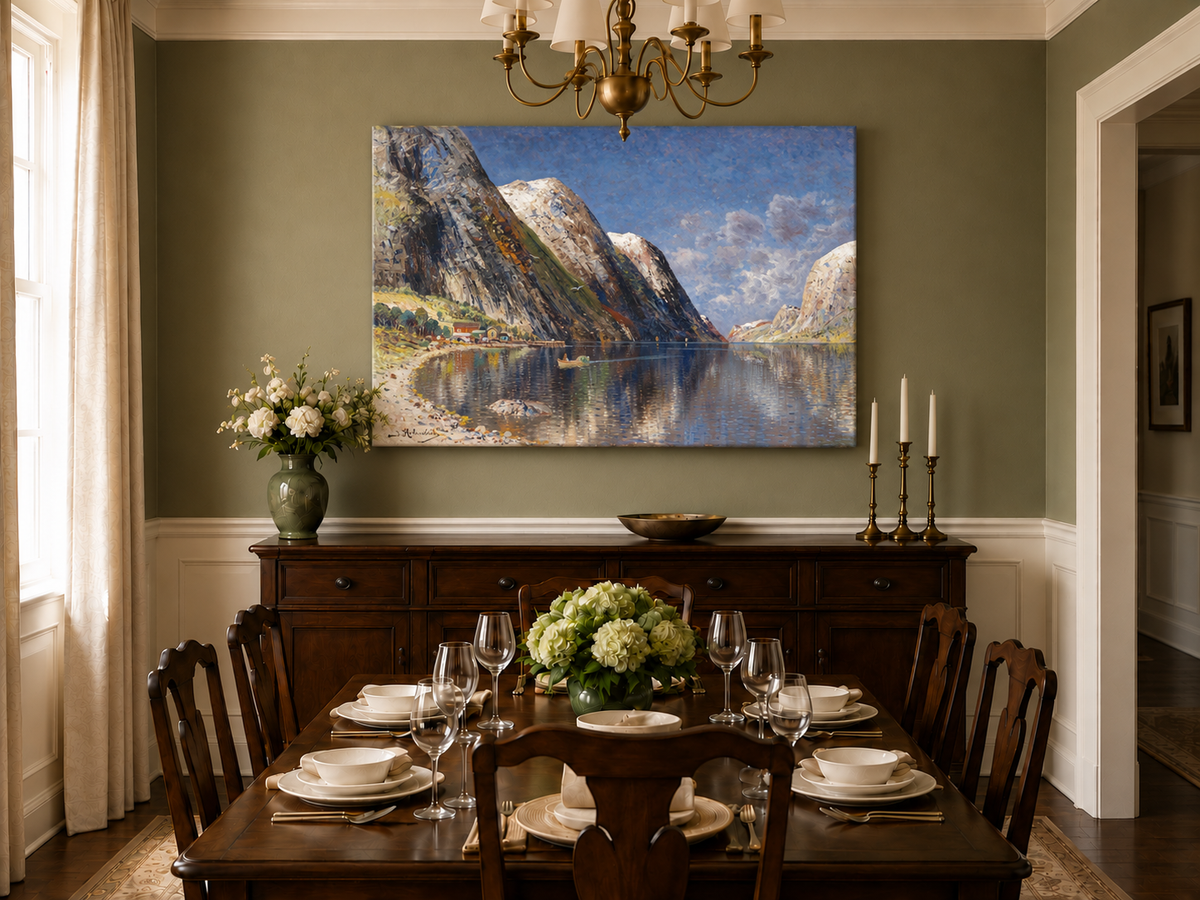 Peinture à l'huile de paysage - Fjord norvégien, sommets enneigés et