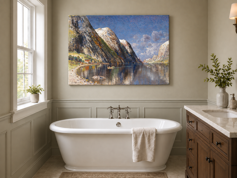 Peinture à l'huile de paysage - Fjord norvégien, sommets enneigés et