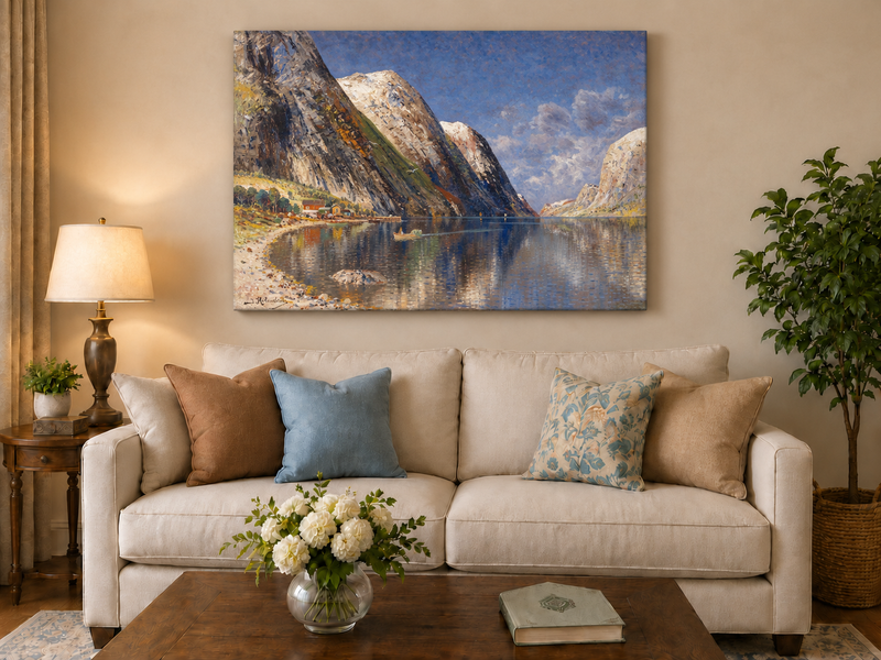 Peinture à l'huile de paysage - Fjord norvégien, sommets enneigés et