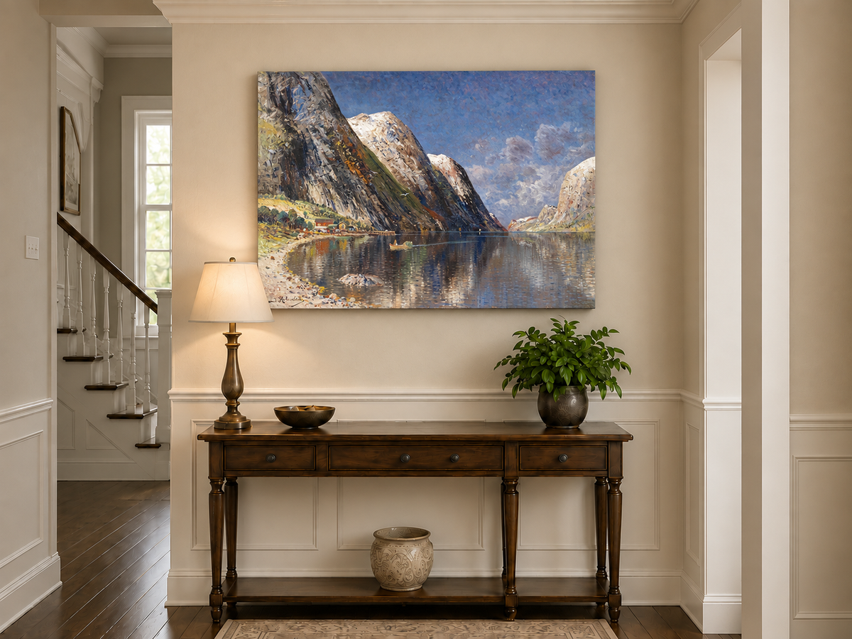 Peinture à l'huile de paysage - Fjord norvégien, sommets enneigés et