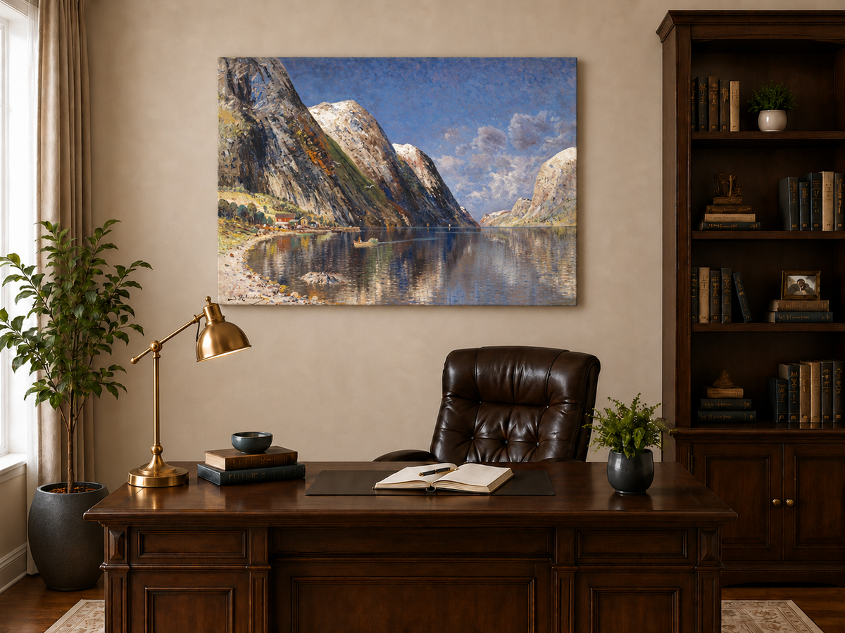 Peinture à l'huile de paysage - Fjord norvégien, sommets enneigés et