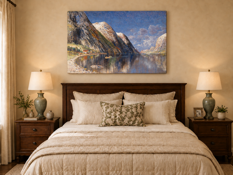 Peinture à l'huile de paysage - Fjord norvégien, sommets enneigés et