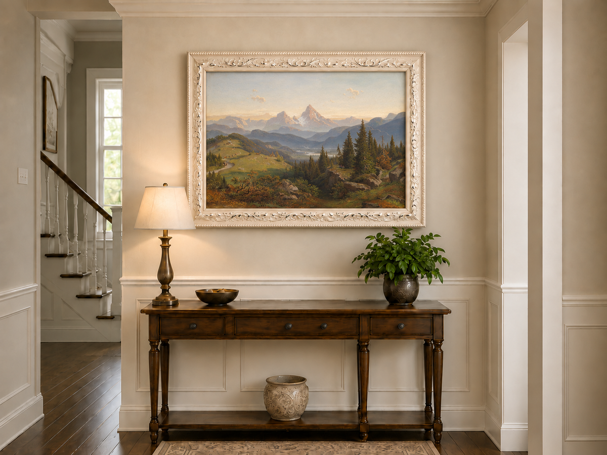Ölgemälde Landschaft – Alpenberg, schneebedeckter Gipfel