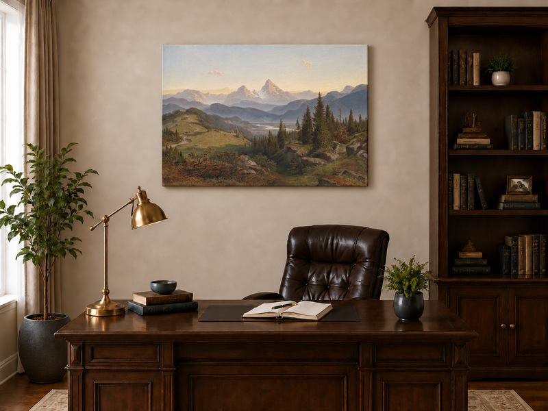 Ölgemälde Landschaft – Alpenberg, schneebedeckter Gipfel