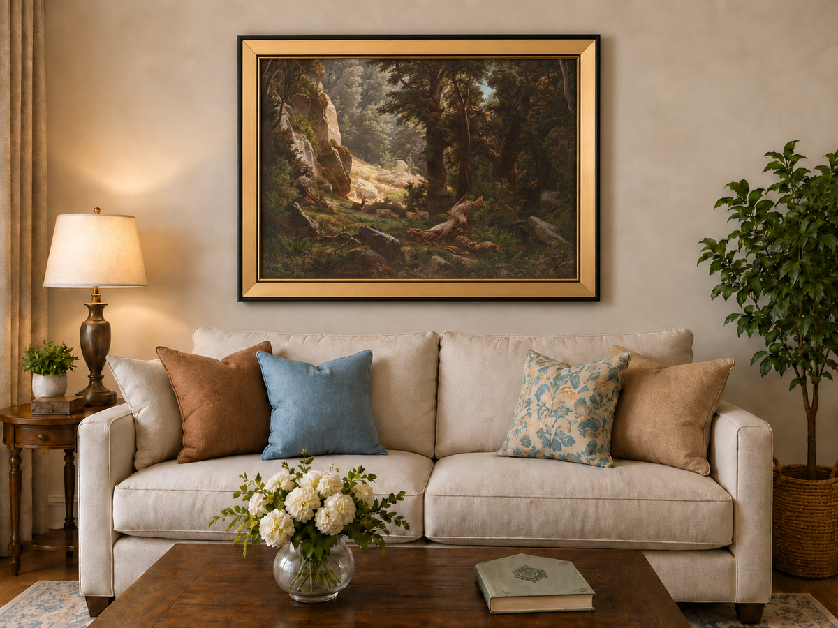 Landscape Oil Painting - Dense Forest & Deer Herd