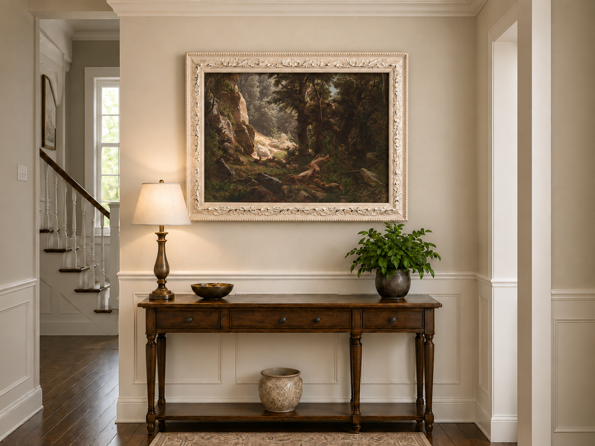 Landscape Oil Painting - Dense Forest & Deer Herd