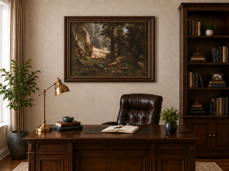 Landscape Oil Painting - Dense Forest & Deer Herd