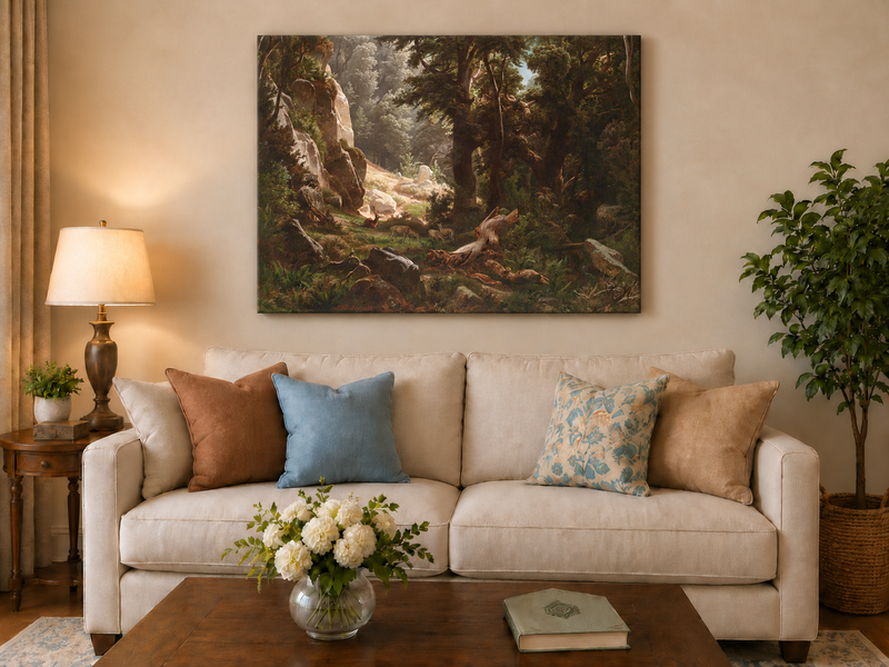 Landscape Oil Painting - Dense Forest & Deer Herd