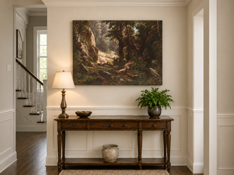 Landscape Oil Painting - Dense Forest & Deer Herd