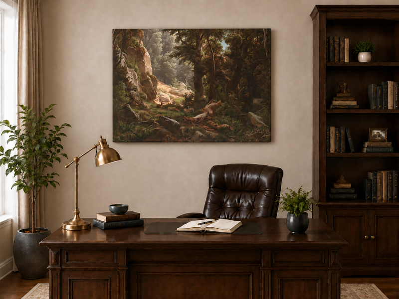 Landscape Oil Painting - Dense Forest & Deer Herd
