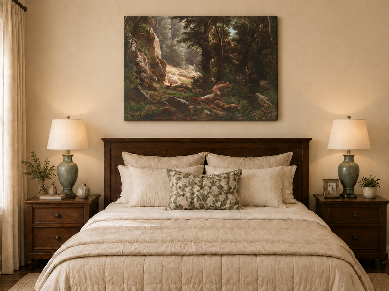 Landscape Oil Painting - Dense Forest & Deer Herd