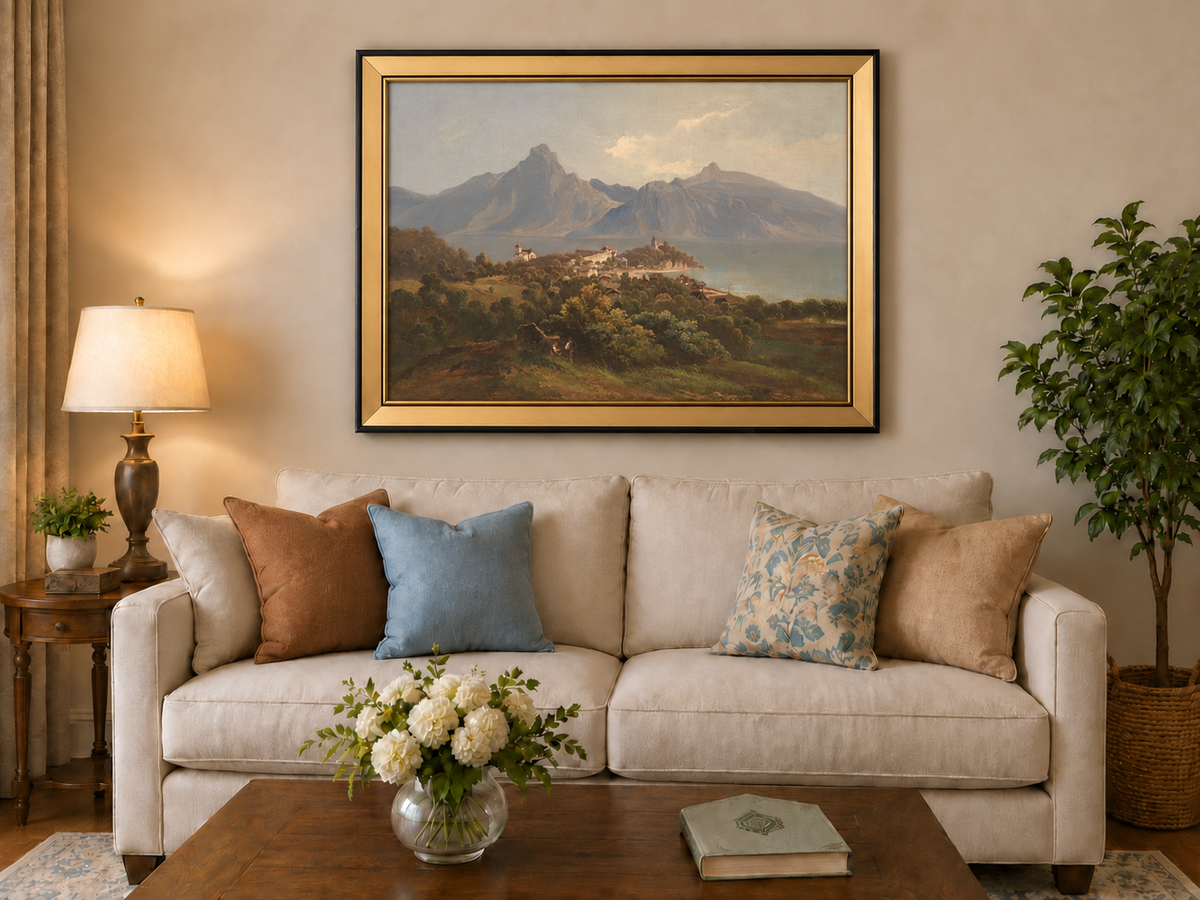 Landscape Oil Painting - Lakefront Mountain Town: Church, Castle