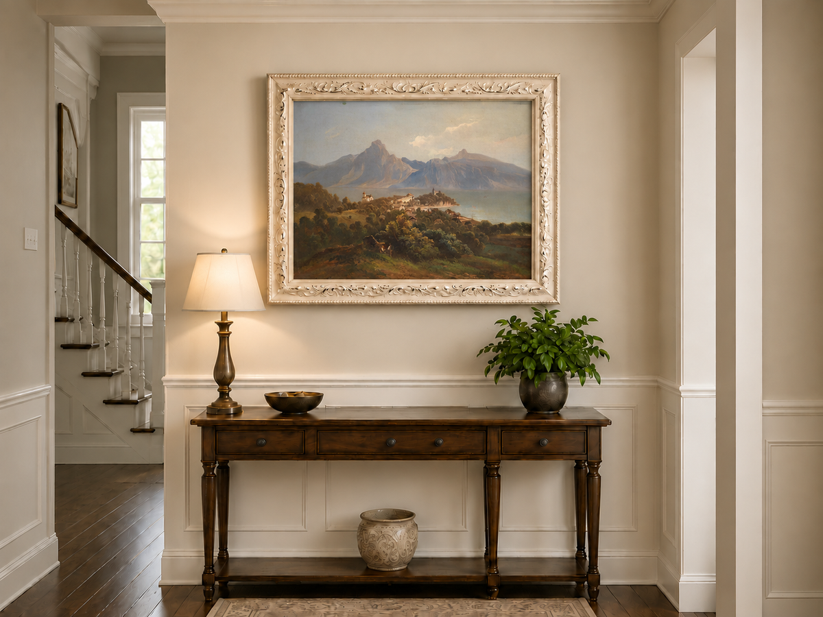 Landscape Oil Painting - Lakefront Mountain Town: Church, Castle