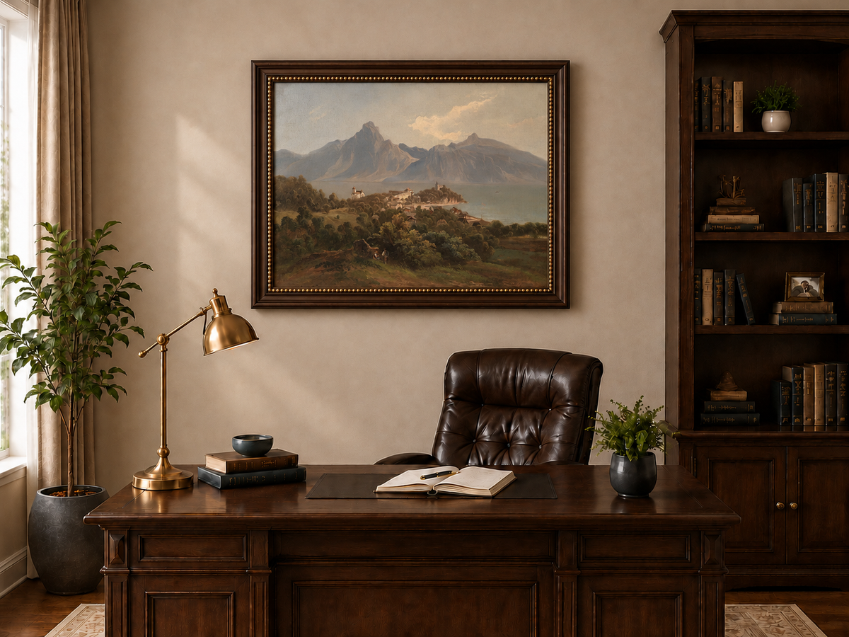 Landscape Oil Painting - Lakefront Mountain Town: Church, Castle