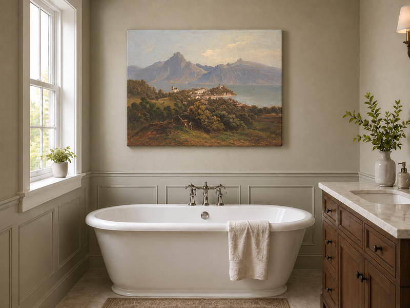 Landscape Oil Painting - Lakefront Mountain Town: Church, Castle