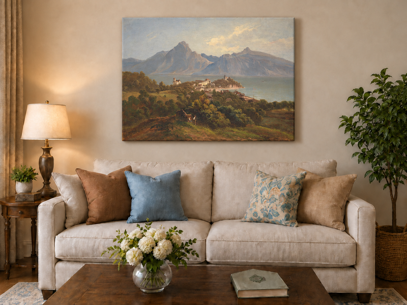 Landscape Oil Painting - Lakefront Mountain Town: Church, Castle
