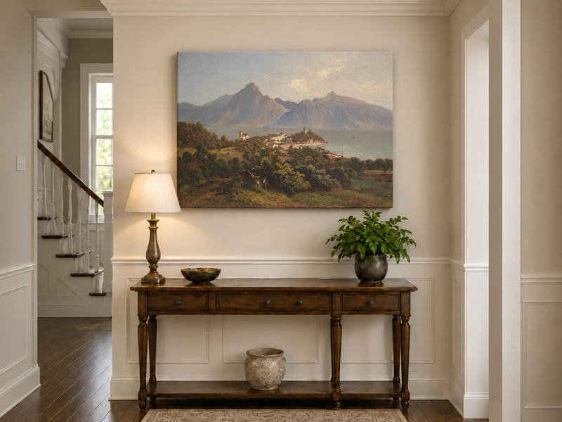Landscape Oil Painting - Lakefront Mountain Town: Church, Castle
