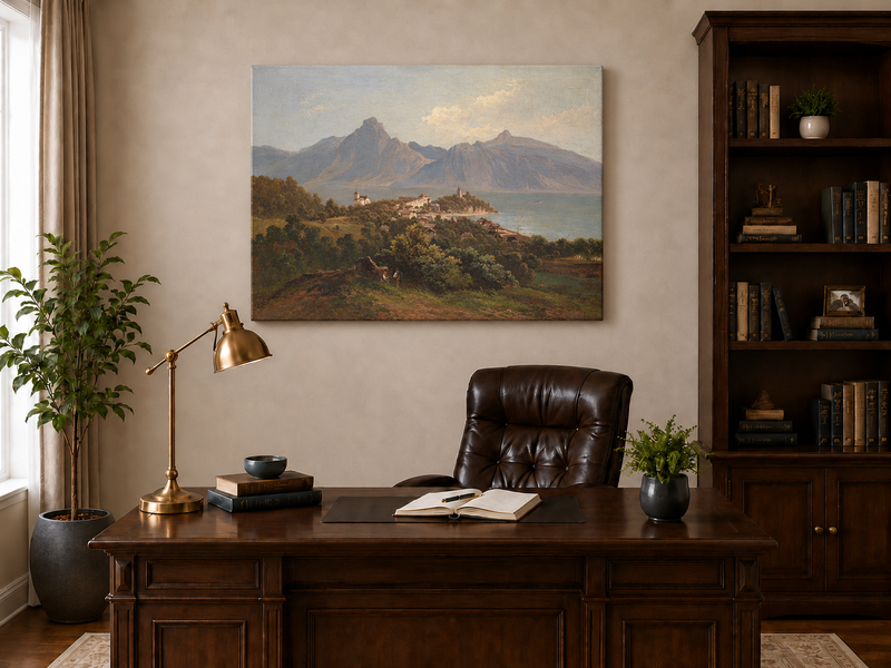 Landscape Oil Painting - Lakefront Mountain Town: Church, Castle