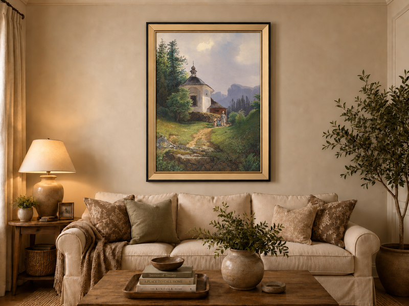 Ölgemälde Landschaft – Bergkapelle, Pfad, Familiengruppe &