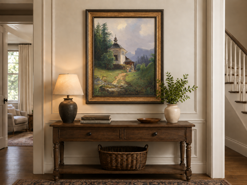 Ölgemälde Landschaft – Bergkapelle, Pfad, Familiengruppe &