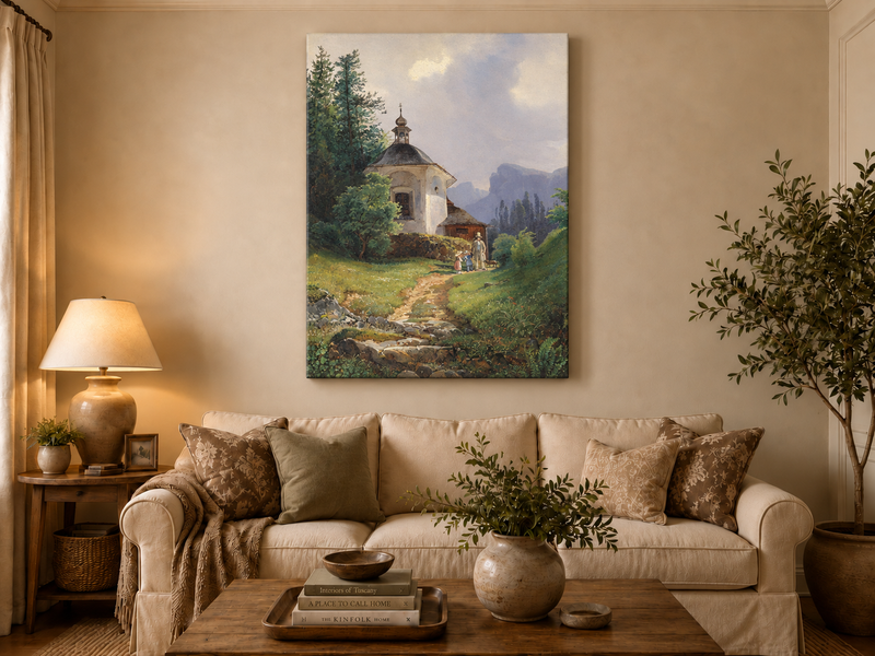 Ölgemälde Landschaft – Bergkapelle, Pfad, Familiengruppe &