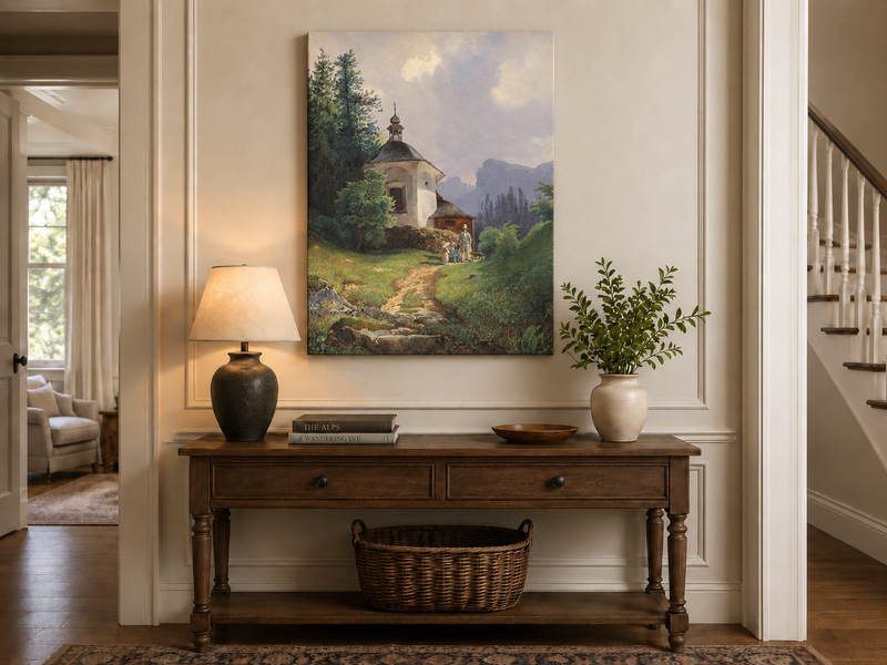Ölgemälde Landschaft – Bergkapelle, Pfad, Familiengruppe &