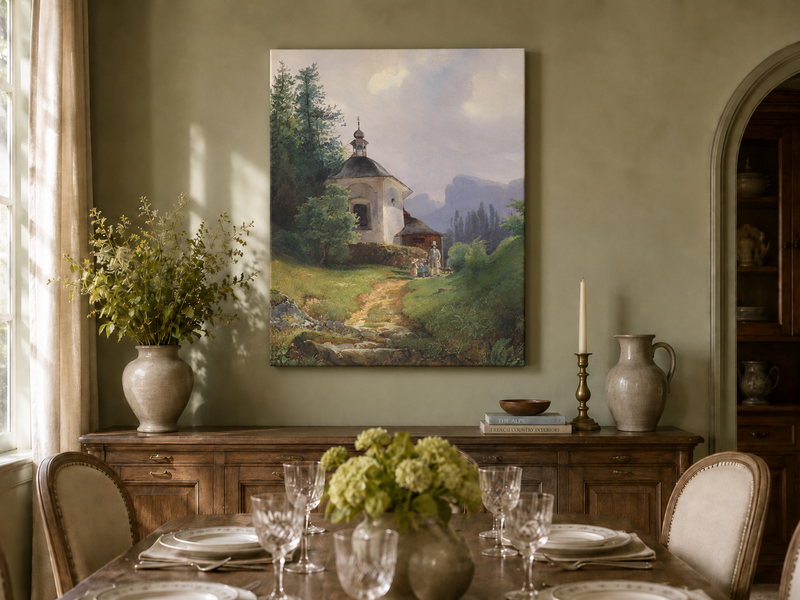 Ölgemälde Landschaft – Bergkapelle, Pfad, Familiengruppe &
