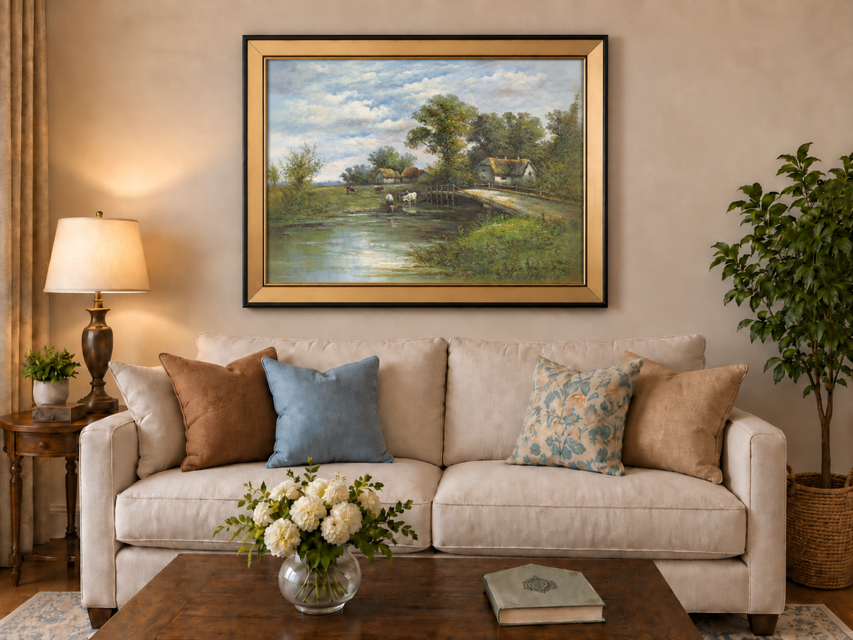 Landscape Oil Painting - Rural River Cows, Thatch Cottages