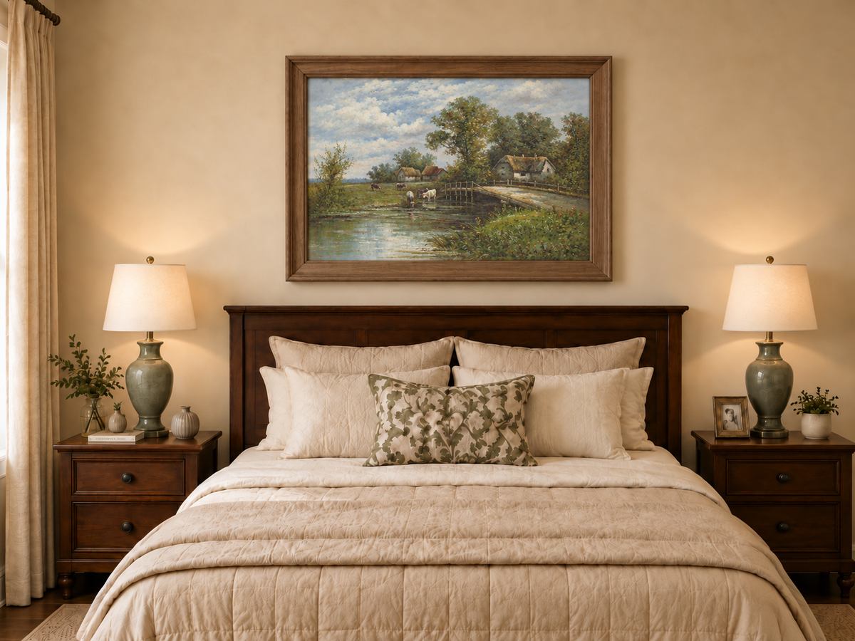 Landscape Oil Painting - Rural River Cows, Thatch Cottages
