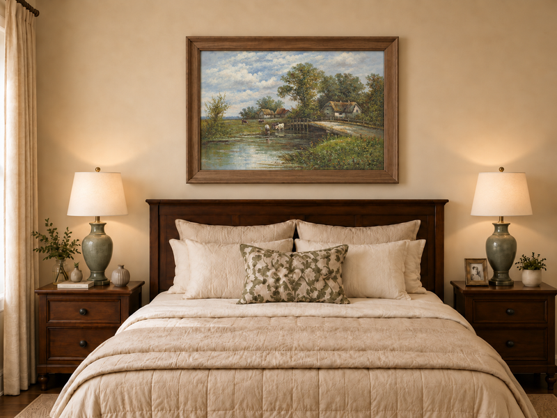 Landscape Oil Painting - Rural River Cows, Thatch Cottages