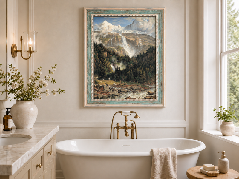 Landscape Oil Painting - Snow-Capped Peaks, Grand Waterfall & Ox