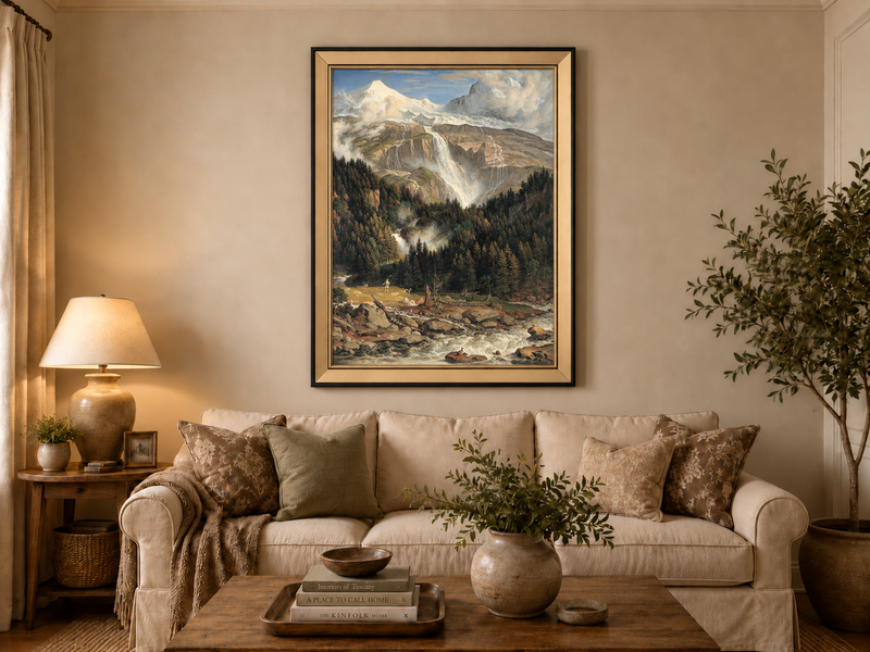 Landscape Oil Painting - Snow-Capped Peaks, Grand Waterfall & Ox
